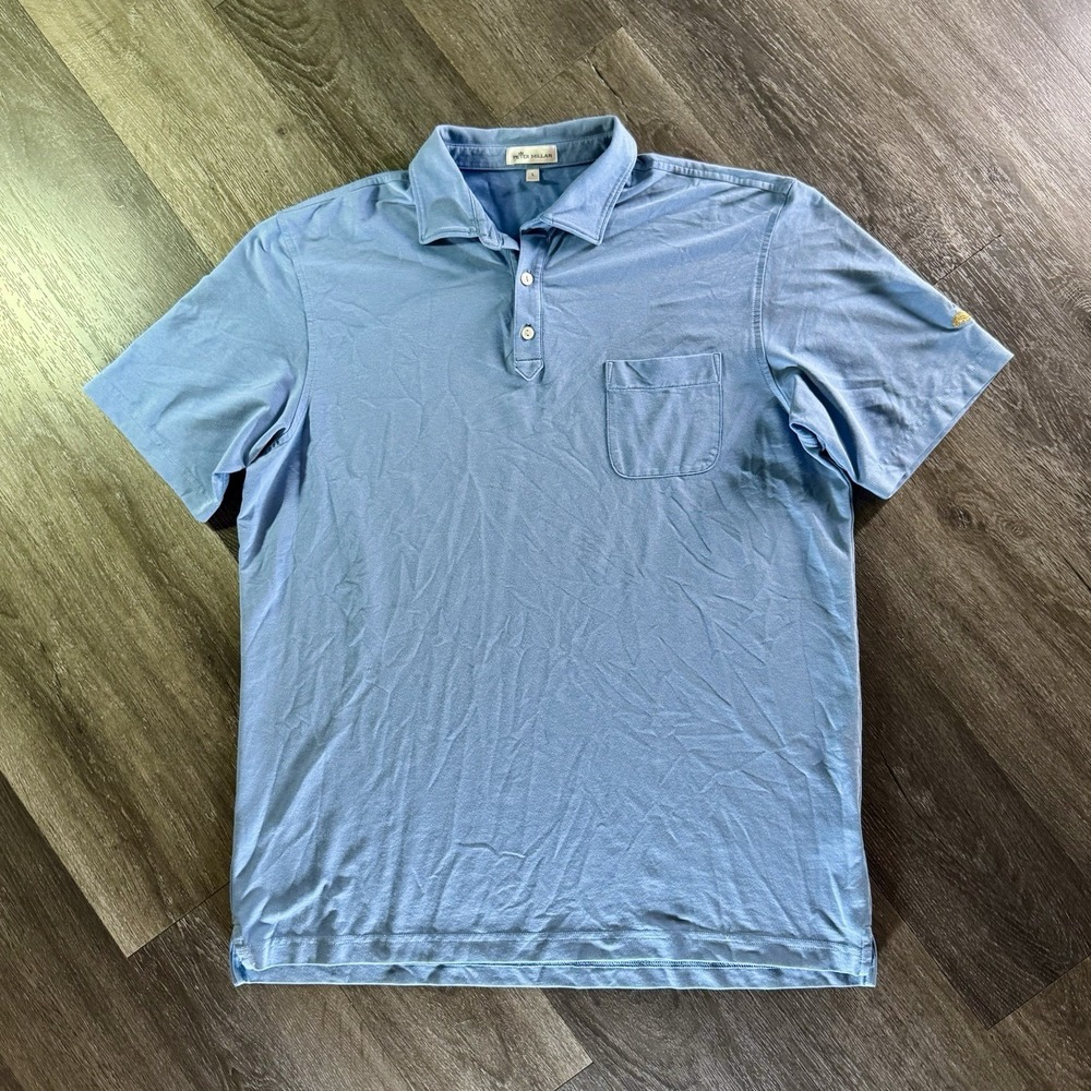 Peter Millar Large Cotton Blend Short Sleeve Polo Shirt Light Blue Pocket Golf‎